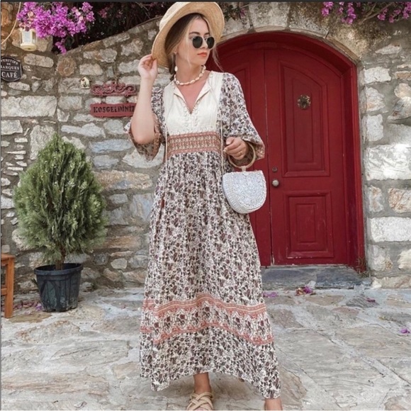 Zara Dresses & Skirts - Zara Seashell Embroidered Boho Floral Print Maxi Dress Kaftan Size L